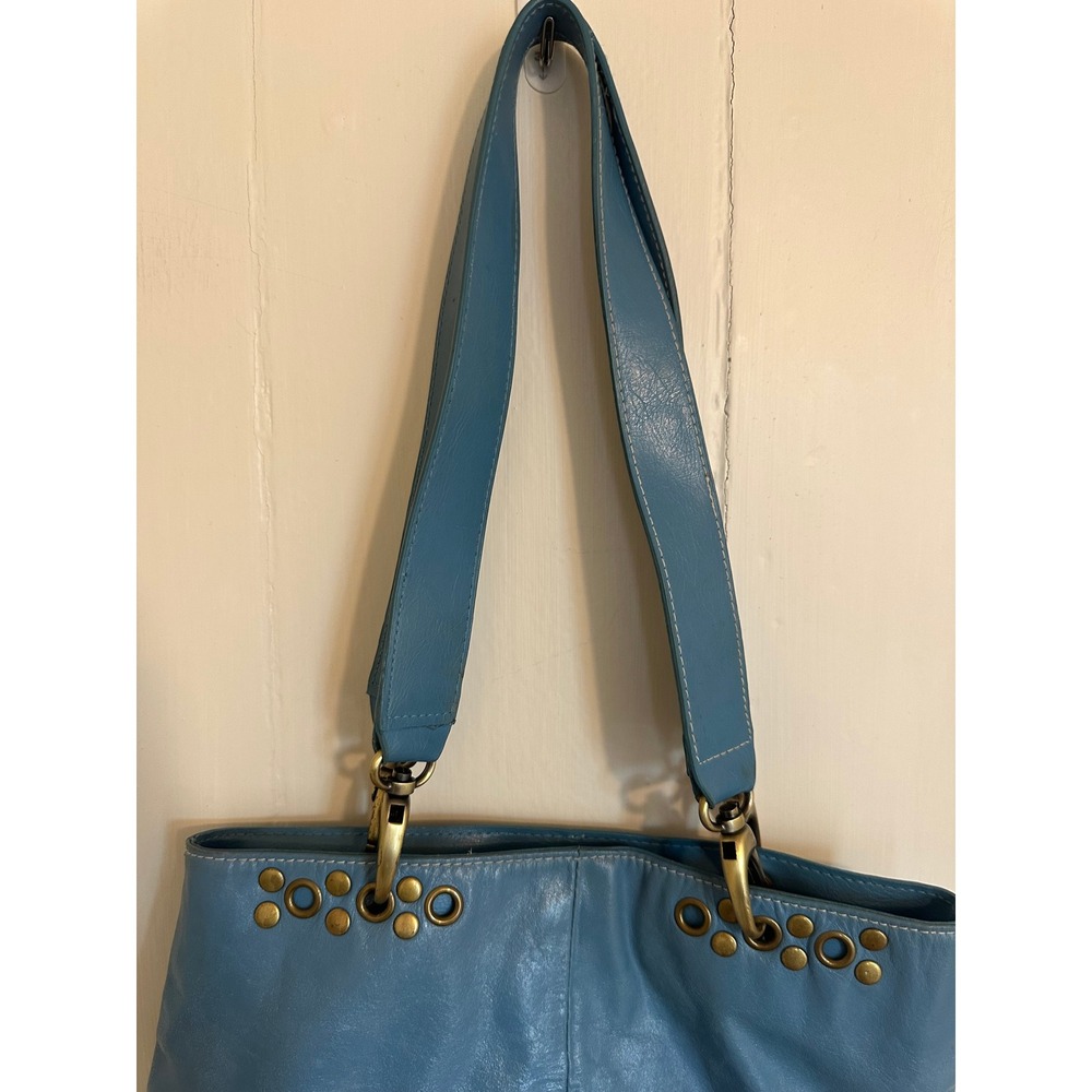 Slouchy Blue Hobo Leather Studded Grommet Shoulder Bag Tote Brass Hardware - Picture 3 of 7